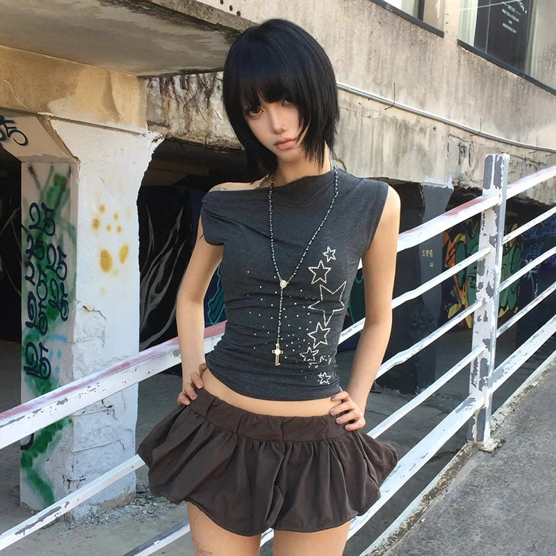 Japanese Y2k Off Shoulder T-shirt Trashy 2000s Style Rhinestones Sleeveless Top Vintage Harajuku Crop Top American Retro
