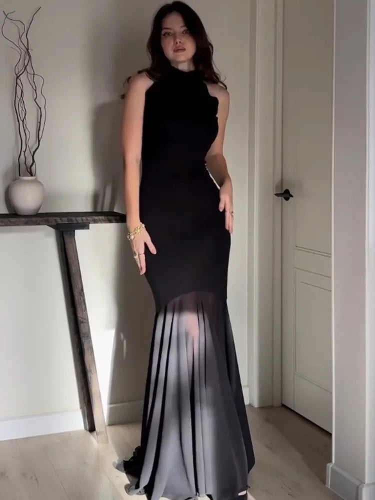 Elegant Sleeveless Bodycon Mesh Party Club Evening Dress For Women 2025 Solid Color New Slim Female Long Vestidos