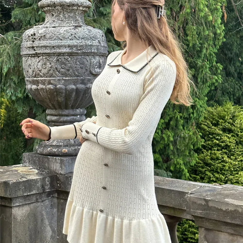 Load image into Gallery viewer, Autumn Long Sleeve Knit Dress For Women Fashion Lapel Single-btrasted Button High Waist Ruffled Mini Dress Knitwear
