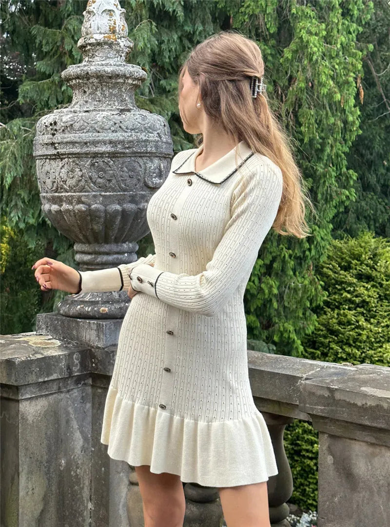 Autumn Long Sleeve Knit Dress For Women Fashion Lapel Single-btrasted Button High Waist Ruffled Mini Dress Knitwear