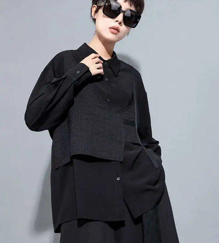 Women Black Irregular Pleated Big Size Blouse New Lapel Long Sleeve Loose Fit Shirt Fashion Spring Autumn 2025 1DH0995
