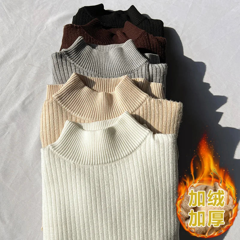 New Solid Basic Half High Collar Long Sleeve Women Velvet Sweater Autumn Winter Slim Thick Pullover Tops Knitwear Versatile Chic