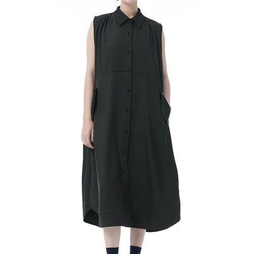 Load image into Gallery viewer, Women Dark Gray Zipper Pocket Big Size Midi Shirt Dress New Lapel Sleeveless Fashion Tide Spring Summer 2025 1DJ0950

