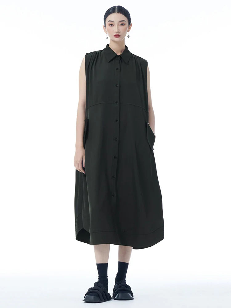 Women Dark Gray Zipper Pocket Big Size Midi Shirt Dress New Lapel Sleeveless Fashion Tide Spring Summer 2025 1DJ0950