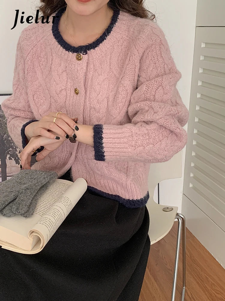 Loose O-neck Single-breasted Chic Cardigan Women Autumn Korean Retro Knitted Pink Jackets Solid Color Sweet Sweater Coats