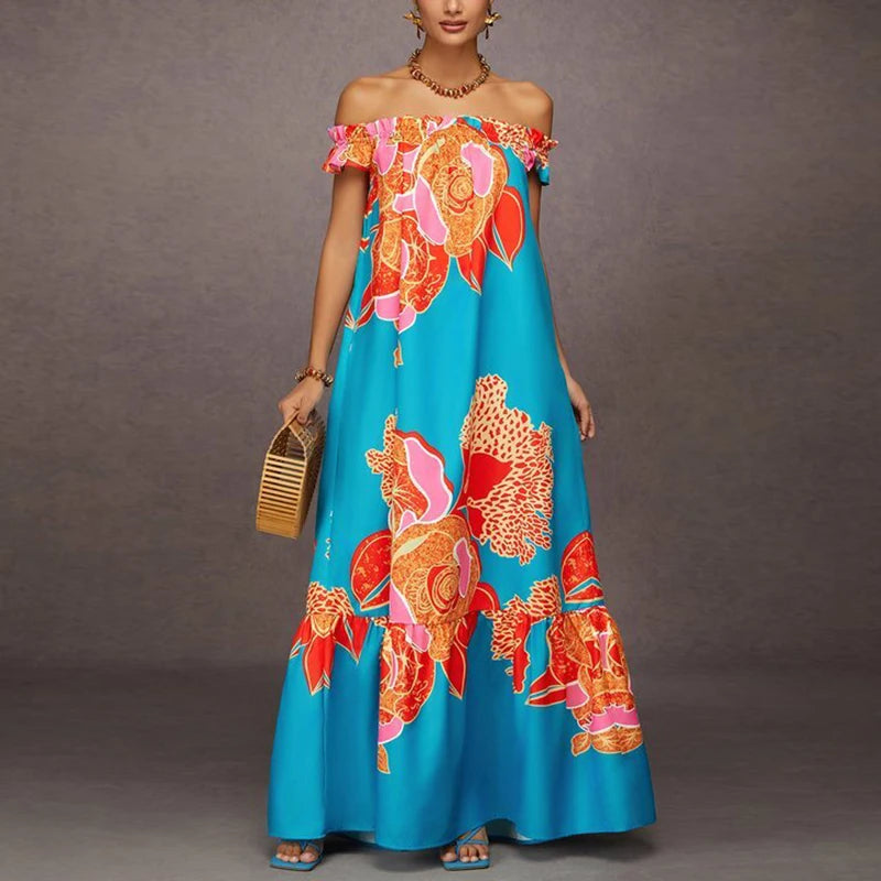 Women Vintage Print Dress 2025 Summer Vacations Split-joint Sexy Off-the-shoulder Maxi Dresses for Woman with Pockets