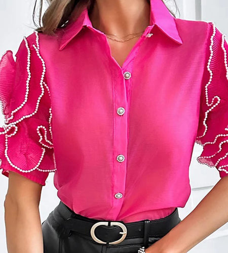 Solid Spliced Appliques Loose Blouses For Women Lapel Short Sleeve Temperament Patchwork Pearl Shirt Female Fashion