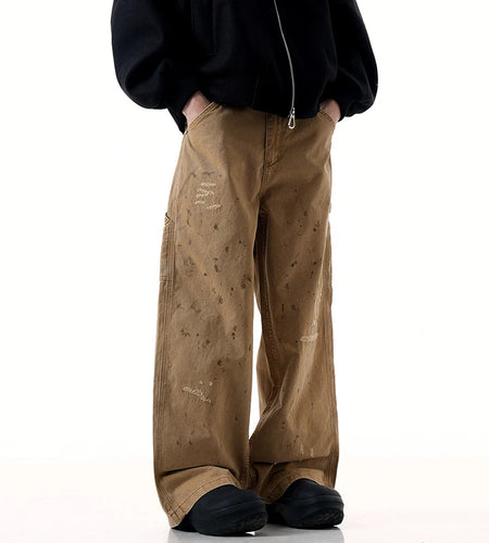 Men's Jeans New American Style Splashed Ink Denim Pants Male Solid Color Straight Wide Leg Trendy Male Trousers 9W1949