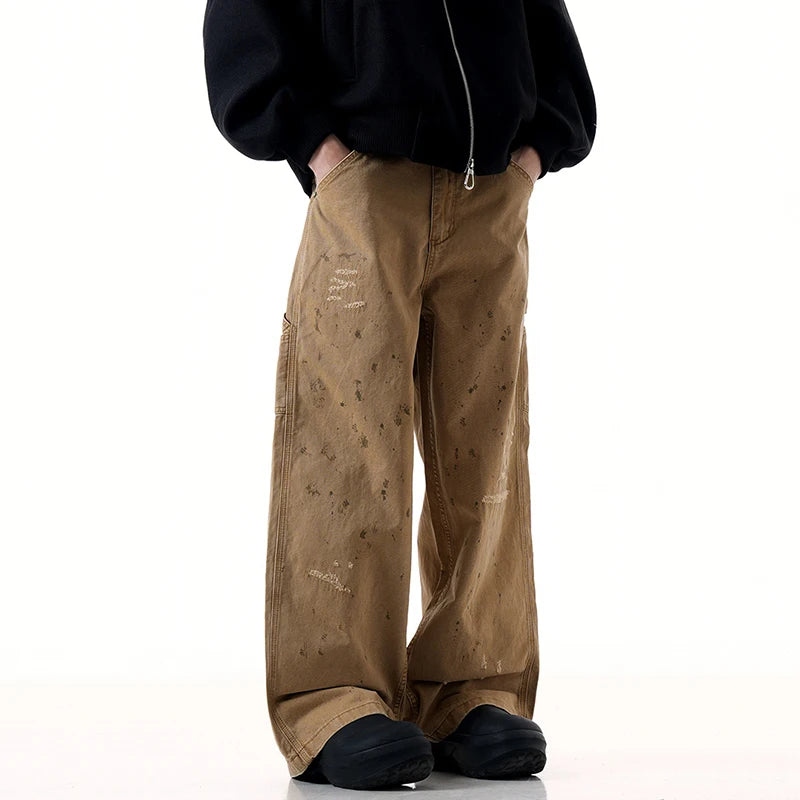 Men's Jeans New American Style Splashed Ink Denim Pants Male Solid Color Straight Wide Leg Trendy Male Trousers 9W1949