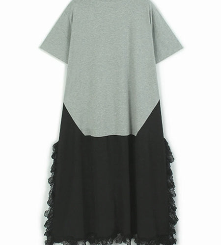 Women Gray Lace Color-block Big Size Midi Dress New Round Neck Short Sleeve Fashion Tide Spring Summer 2025 1DJ0921