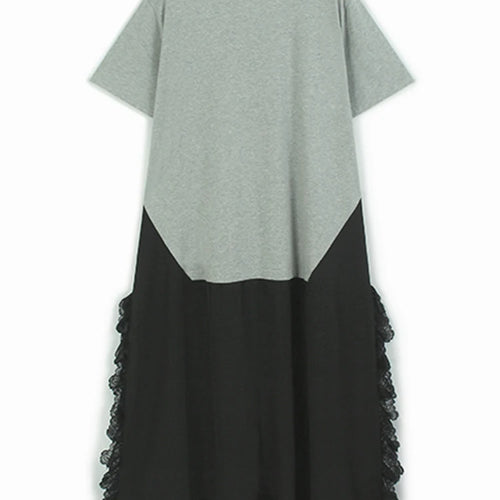 Load image into Gallery viewer, Women Gray Lace Color-block Big Size Midi Dress New Round Neck Short Sleeve Fashion Tide Spring Summer 2025 1DJ0921
