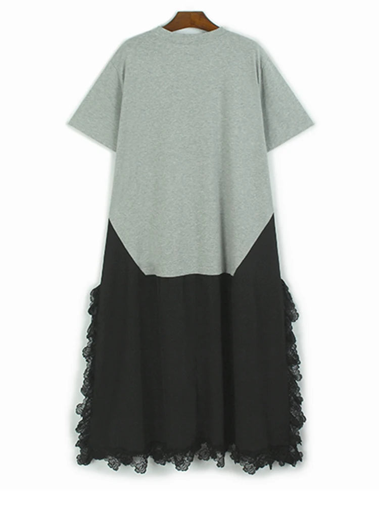 Women Gray Lace Color-block Big Size Midi Dress New Round Neck Short Sleeve Fashion Tide Spring Summer 2025 1DJ0921
