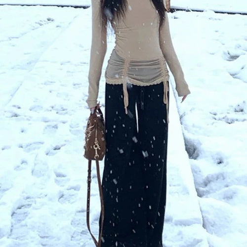 Load image into Gallery viewer, Y2k Aesthetics Sexy Gauze Patchwork Tops Women Slim Half High Collar T-shirt Harajuku Vintage Drawstring Grunge E-girls Shirts
