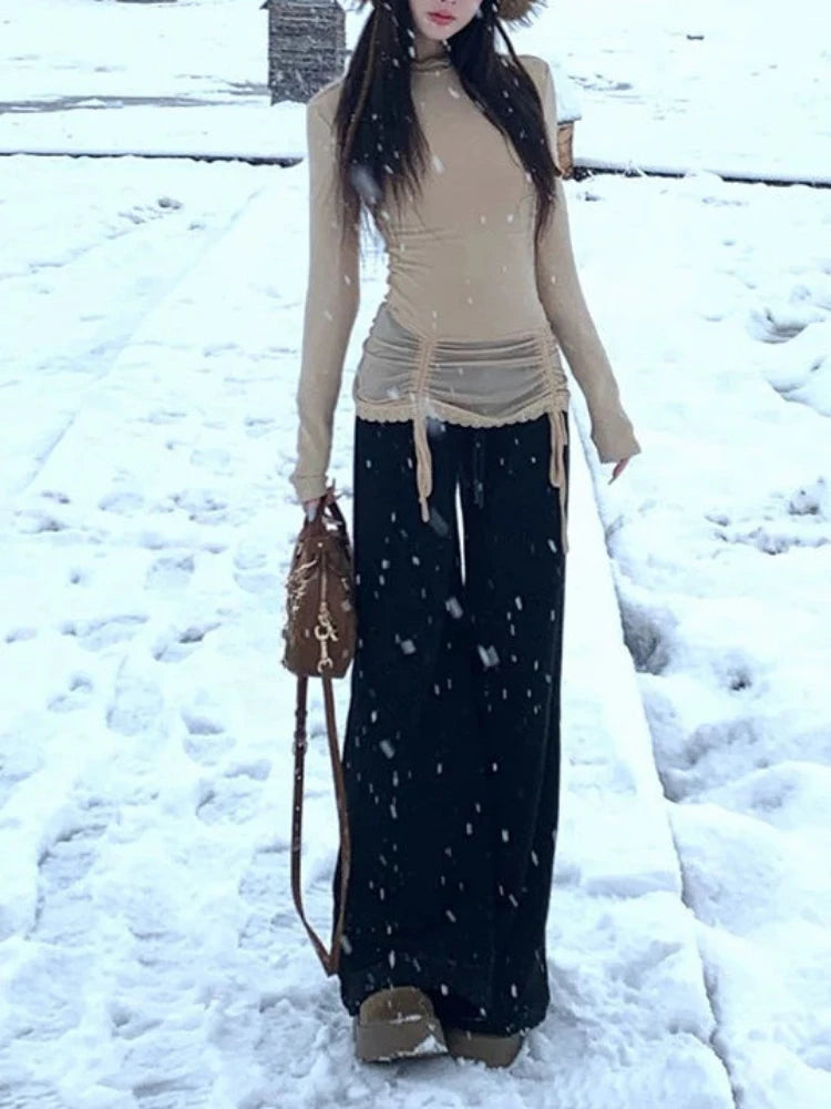 Y2k Aesthetics Sexy Gauze Patchwork Tops Women Slim Half High Collar T-shirt Harajuku Vintage Drawstring Grunge E-girls Shirts