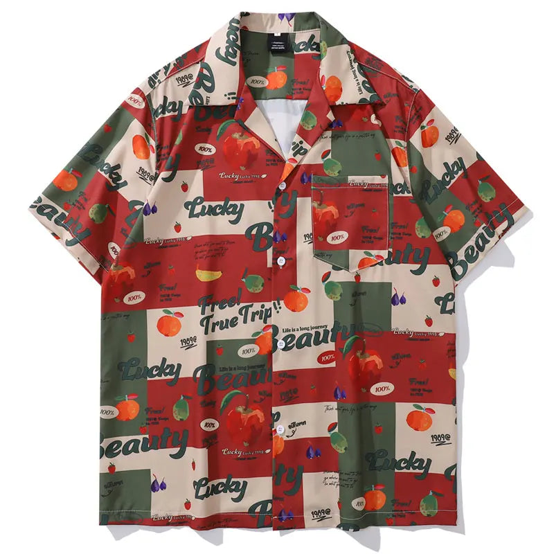 Vintage Summer Shirts Streetwear Retro Fruit Graphic Printed Summer Hawaiian Blouse Harajuku Baggy Short Sleeve Button Up Tops