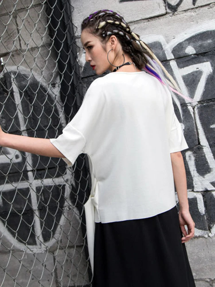 Women White Irregular Bandage Big Size T-shirt New Round Neck Short Sleeve Fashion Tide Spring Summer 2025  1DJ1767