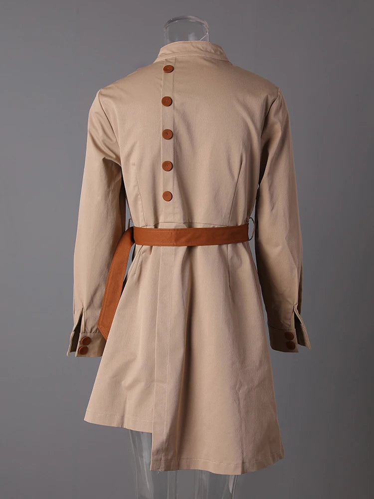 Women Camel Button Irregular Big Size Trench New Stand Collar Long Sleeve Windbreaker Fashion Spring Autumn 2025  7AB9123