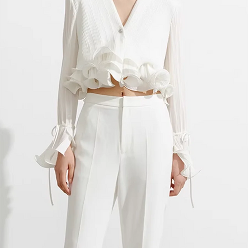 Load image into Gallery viewer, Solid Spliced Ruffles Slimming Blouses For Women V Neck Long Sleeve Temperament Shirts Female Fashion Style Clothes
