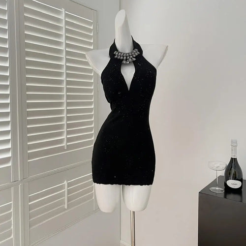 Load image into Gallery viewer, French Black Diamond Off Shoulder Halter Short Dress For Women Summer 2025 New Hollow Out Backless Sexy Club Mini Wrap Hip Dress
