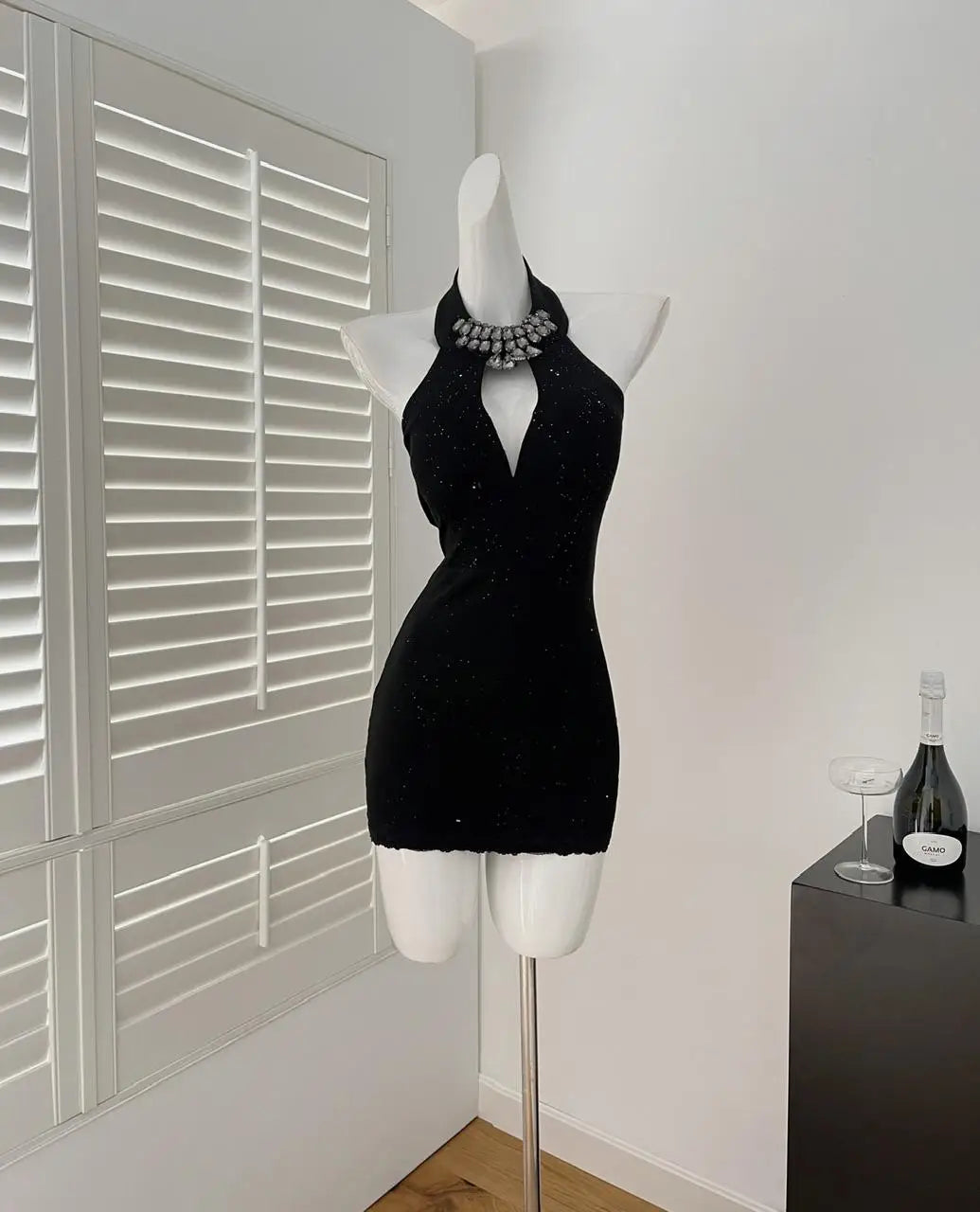 French Black Diamond Off Shoulder Halter Short Dress For Women Summer 2025 New Hollow Out Backless Sexy Club Mini Wrap Hip Dress