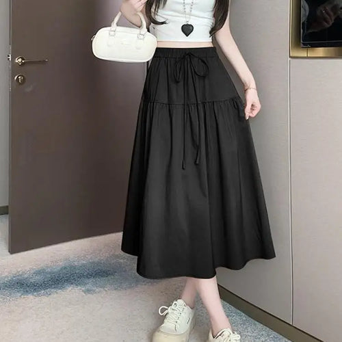 Load image into Gallery viewer, Korean Black High Waist Vacation Slim Pleated Long Skirt Spring Summe Women Khaki Elegant Lace-up Party Skirt Fashion Simplicity
