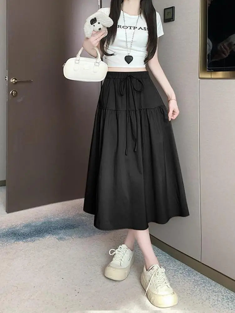 Korean Black High Waist Vacation Slim Pleated Long Skirt Spring Summe Women Khaki Elegant Lace-up Party Skirt Fashion Simplicity