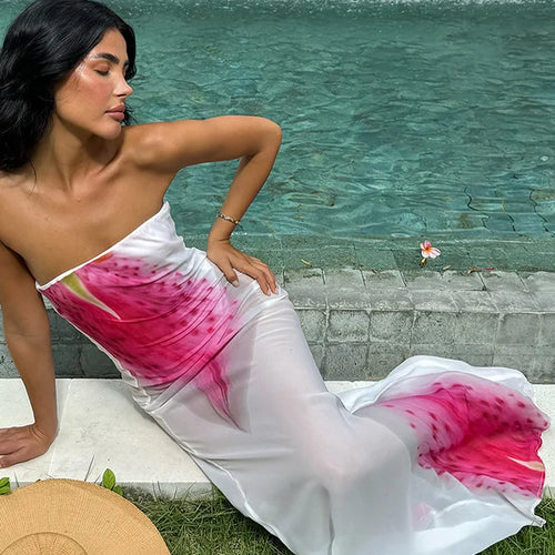 Load image into Gallery viewer, Floral Print Strapless Sexy Maxi Dress For Women Gown Patchwork Off-shoulder Backless Sleeveless Print Long Dress
