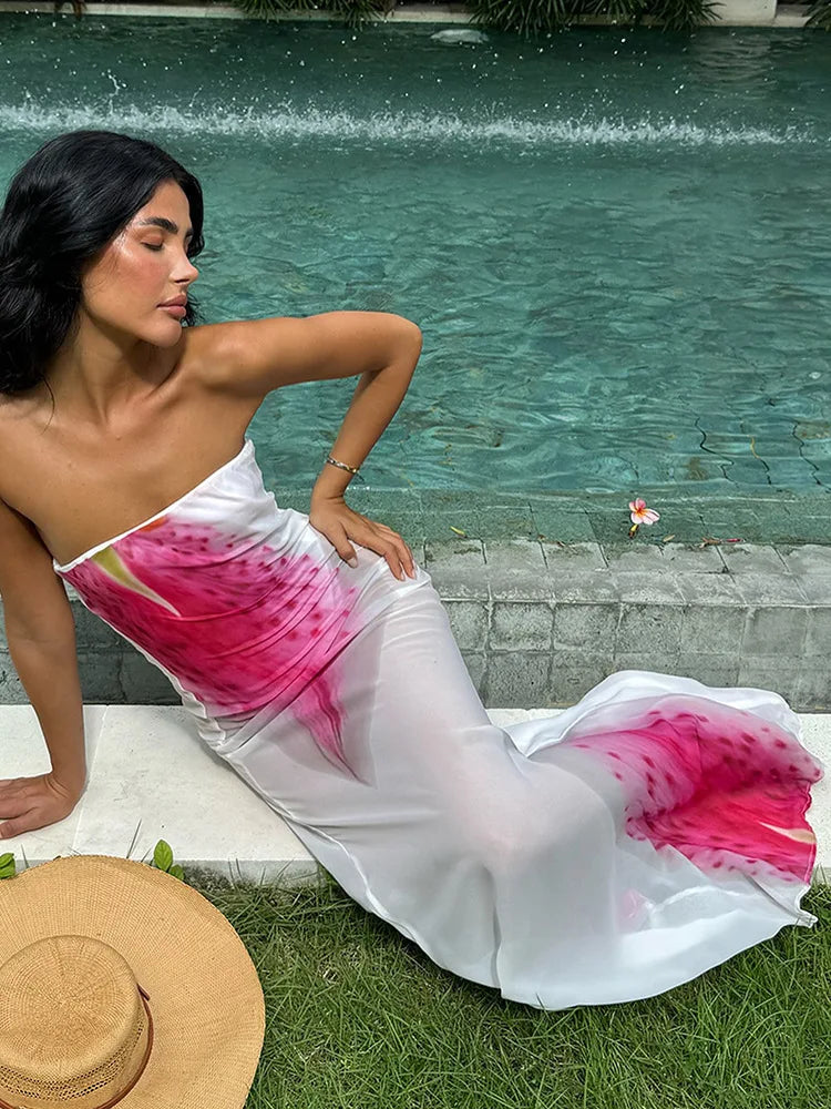 Floral Print Strapless Sexy Maxi Dress For Women Gown Patchwork Off-shoulder Backless Sleeveless Print Long Dress