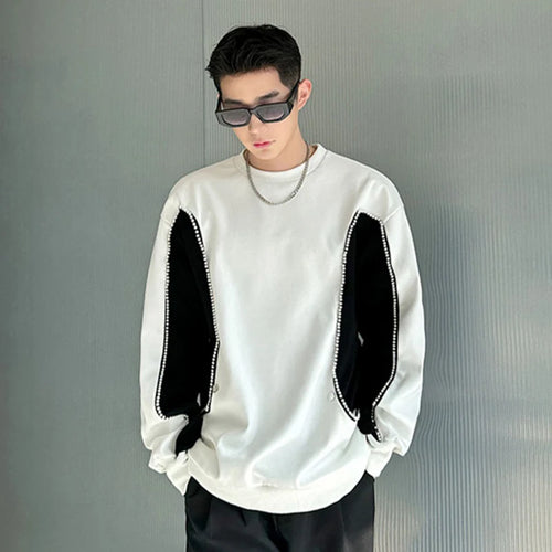 Load image into Gallery viewer, Korean Chic Men&#39;s T-shirt Round Collar Contrast Color Pearl Patchwork Design Male Round Neck Long Sleeve Top Spring 9C5123
