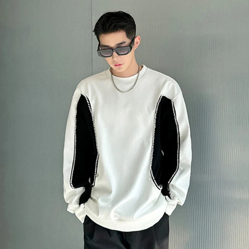 Korean Chic Men's T-shirt Round Collar Contrast Color Pearl Patchwork Design Male Round Neck Long Sleeve Top Spring 9C5123