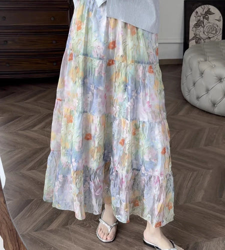 French Vintage Fashion Women's Flower Elegant Pleated Long Skirt Spring Summer High Waist Party A-line Skirts Popular Bohemian