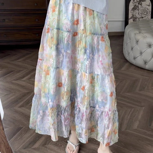 Load image into Gallery viewer, French Vintage Fashion Women's Flower Elegant Pleated Long Skirt Spring Summer High Waist Party A-line Skirts Popular Bohemian
