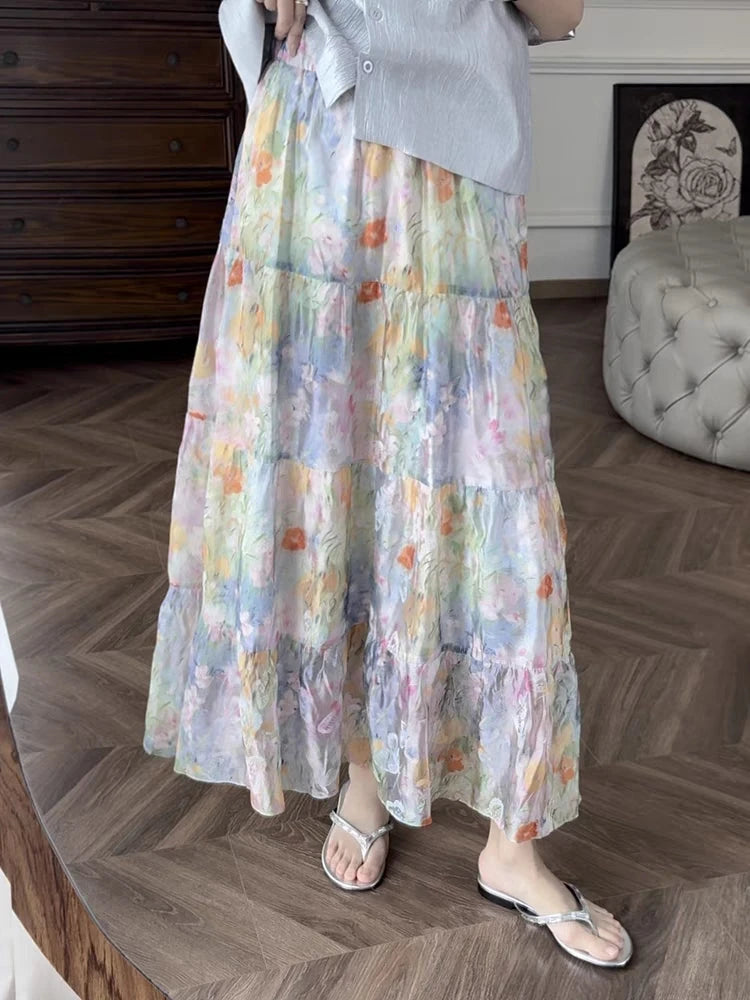 French Vintage Fashion Women's Flower Elegant Pleated Long Skirt Spring Summer High Waist Party A-line Skirts Popular Bohemian