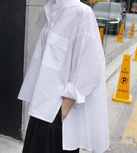 Women White Back Long Loose Big Size Irregular Shirt New Spring Autumn Lapel Long Sleeve Blouse Fashion 2025 Tide JU847
