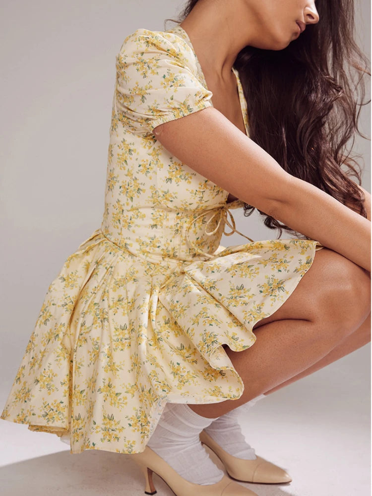 Fashion Summer Dresses 2024 Sexy V Neck Puff Sleeve Tulle Dress Fluffy Print Holiday Party Dress Casual A Line Dress