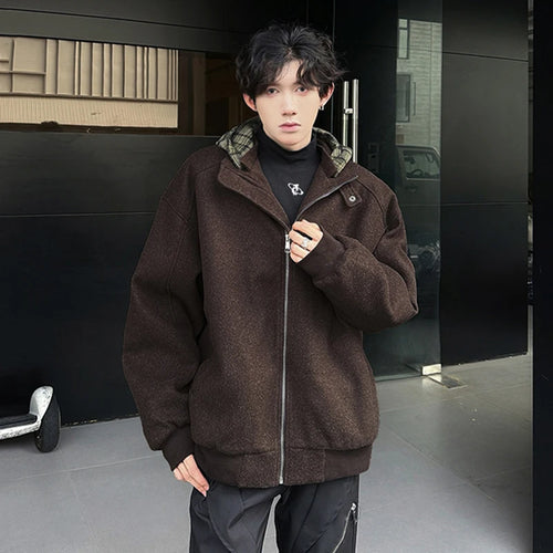 Load image into Gallery viewer, Fake Two Piece Spliced Men&#39;s Woolen Coats Hooded Plaid Korean Style Contrast Color Casual Male Jackets Trendy New 9C9280
