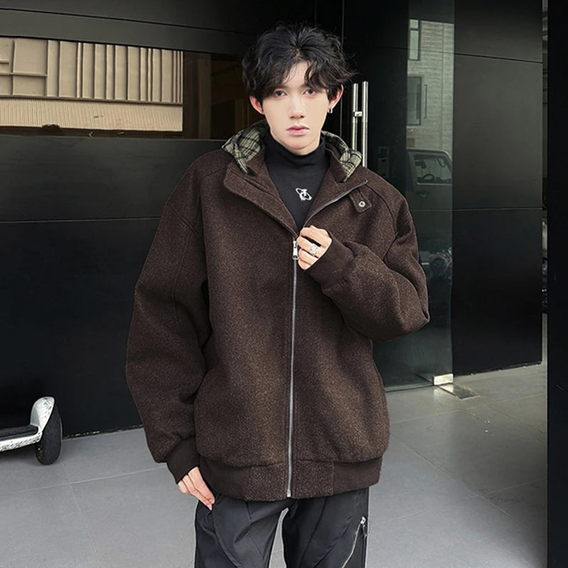 Fake Two Piece Spliced Men's Woolen Coats Hooded Plaid Korean Style Contrast Color Casual Male Jackets Trendy New 9C9280