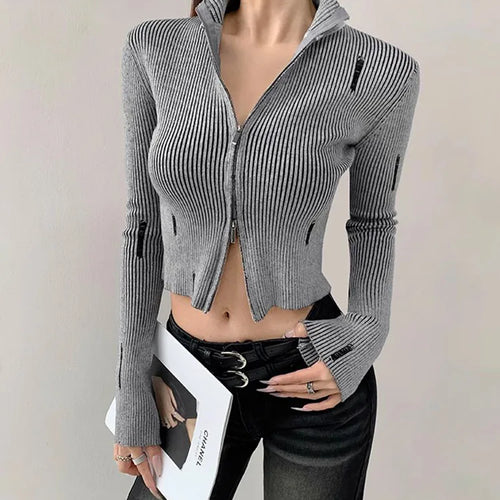 Load image into Gallery viewer, Vintage Zipper Cardigan Women Y2k Aesthetic Grunge Sweater Jackets Female Harajuku Slim Knitted Coats Femme C-246
