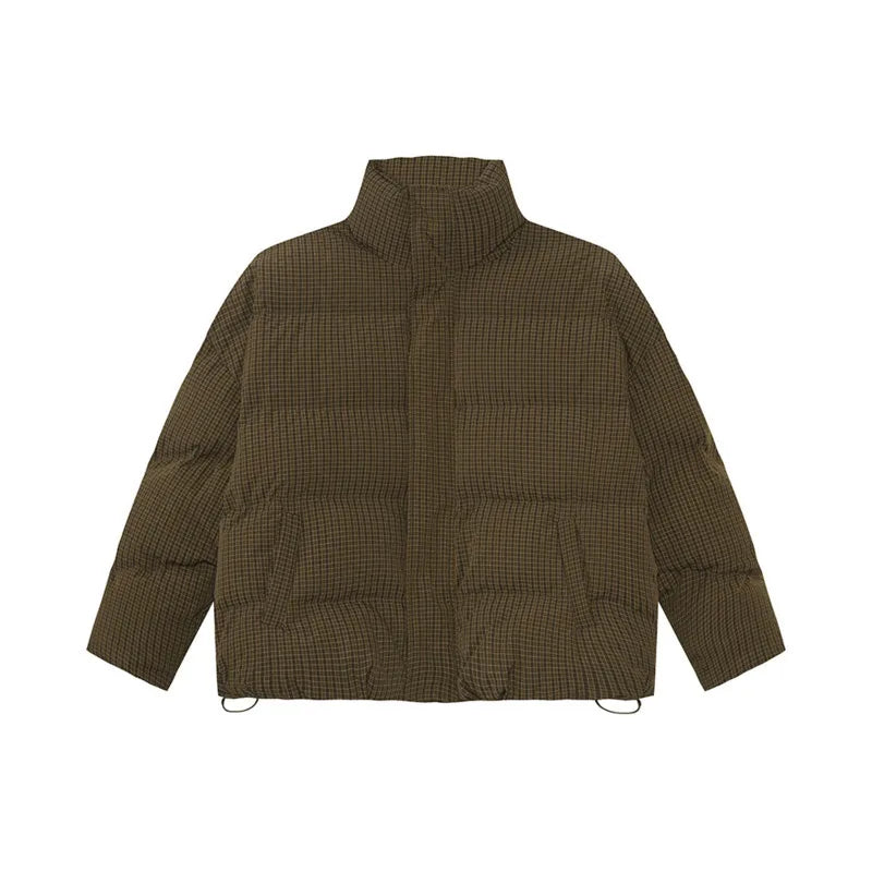 American Style Men's Cotton Coats Stand Collar Plaid Drawstring Casual Tops Thick Vintage Loose Male Padded Jackets 9C9340