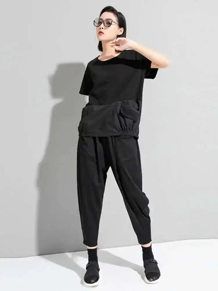 Women Black Big Size Irregular Spliced Pockets T-shirt New Round Neck Short Sleeve Fashion Tide Spring Summer 2025 1DD8085