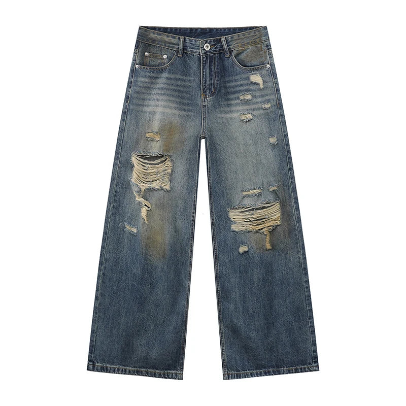 Summer Men's Jeans New American Style Distressed Trend Hole Design Fashion Casual Straight Male Botooms Leg Worn-out 9W1680