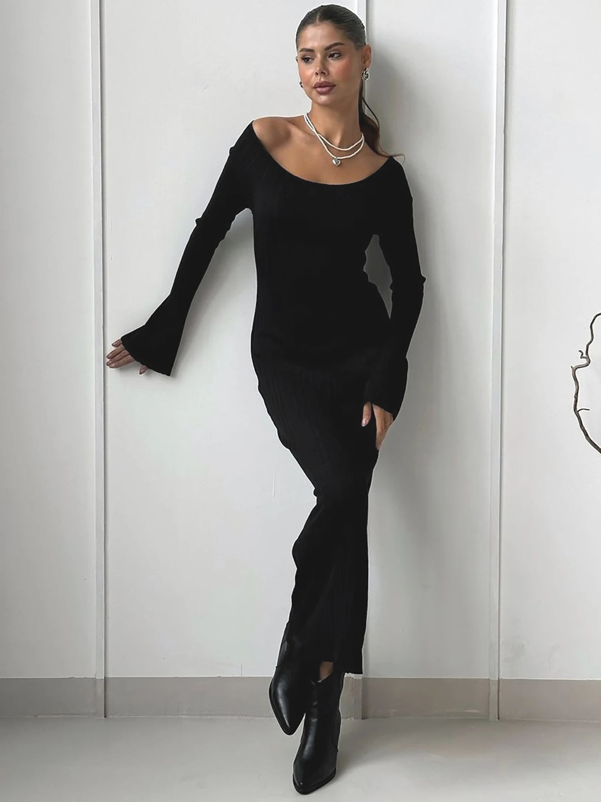 Elegant Slash Neck Long Sleeve Solid Sexy Bodycon Maxi Prom Dress Fall Women Y2K Clothes Birthday Party Festival