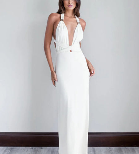 Halter Deep V Neck Sexy Maxi Dress For Women Fashion Solid Sleeveless Backless Lace-up Club Party Long Dress Vestido