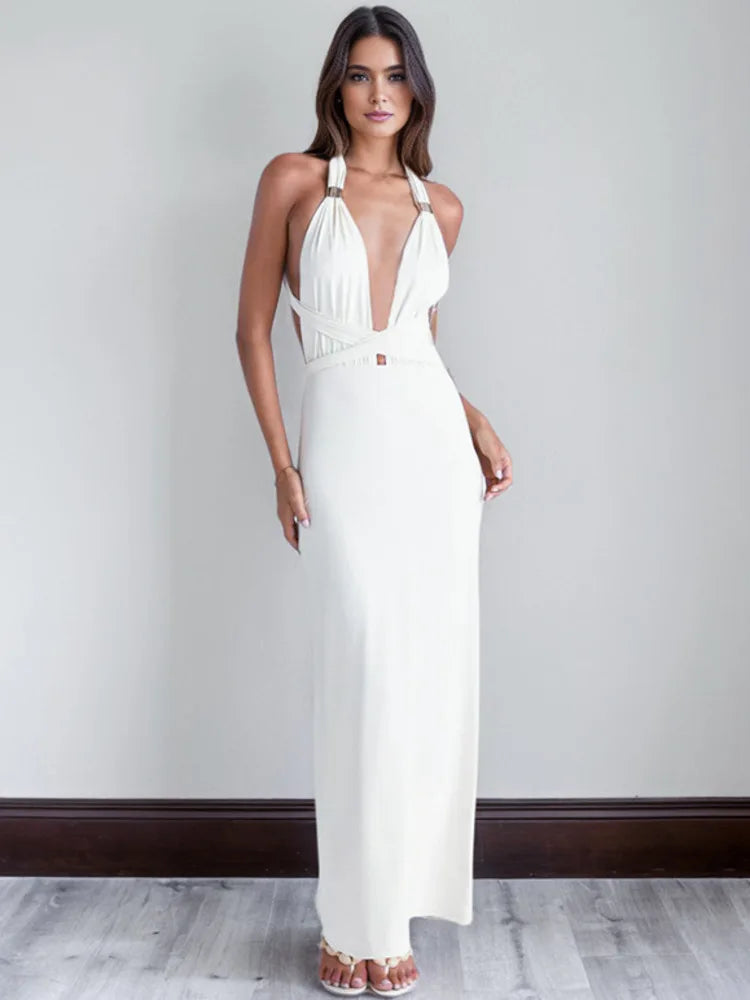 Halter Deep V Neck Sexy Maxi Dress For Women Fashion Solid Sleeveless Backless Lace-up Club Party Long Dress Vestido