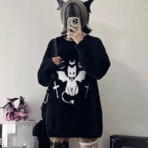 Load image into Gallery viewer, Harajuku Gothic Casual Oversized Knitted Jumpers Grunge Cartoon Sweater Fashion Knitwear Y2k Aesthetic Balack Loose Pullover
