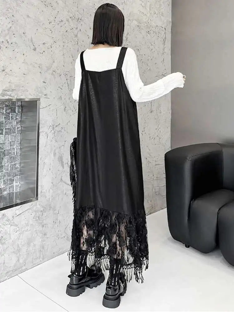 Women Black Pu Leather Hem Lace Big Size Strap Dress New Square Collar Sleeveless Fashion Tide Spring Autumn 2025 1DH7279