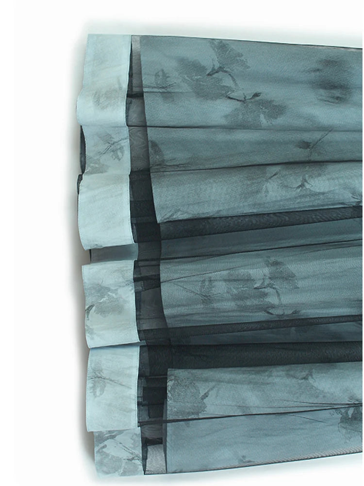 Women Blue Pattern Printed Mesh Big Size Midi Dress New Round Neck Short Sleeve Fashion Tide Spring Summer 2025 1DJ1326