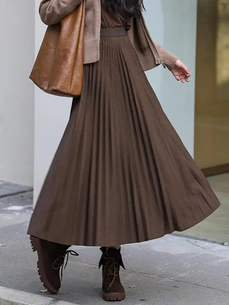 Autumn Winter French Vintage Solid Versatile A-line Long Skirts Women's 2024 Elegant High Waist Office Lady Pleated Skirt Simple