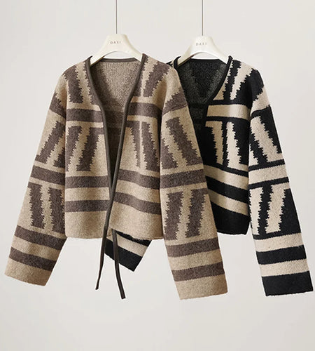 Vintage Women Black Brown Patchwork Short Knitted Lace-up Cardigan Loose Sweater 2024 Autumn Winter V Neck Long Sleeve Tops Chic