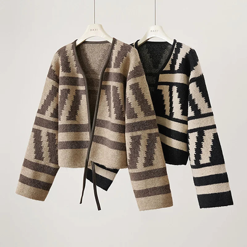 Vintage Women Black Brown Patchwork Short Knitted Lace-up Cardigan Loose Sweater 2024 Autumn Winter V Neck Long Sleeve Tops Chic